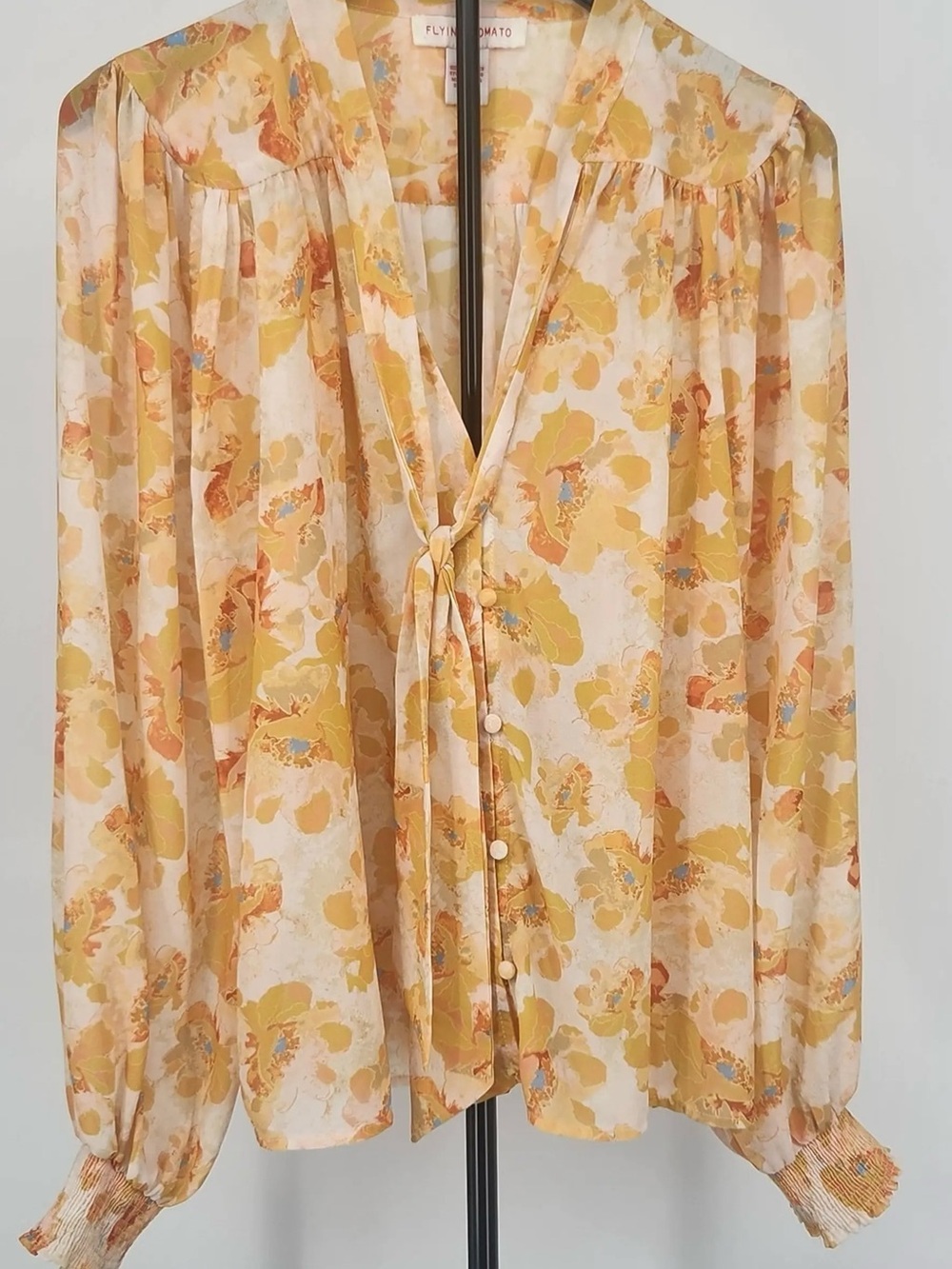Flying Tomato Yellow Floral Tie-Neck Blouse with Button Front